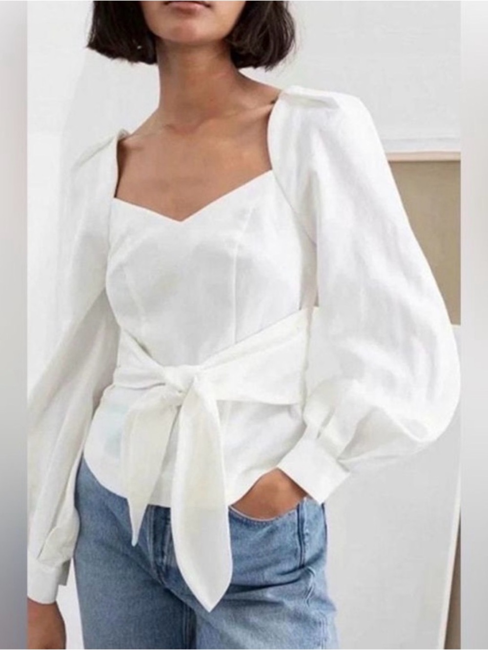 & Other Stories White Puff-Sleeve Tie-Waist Blouse